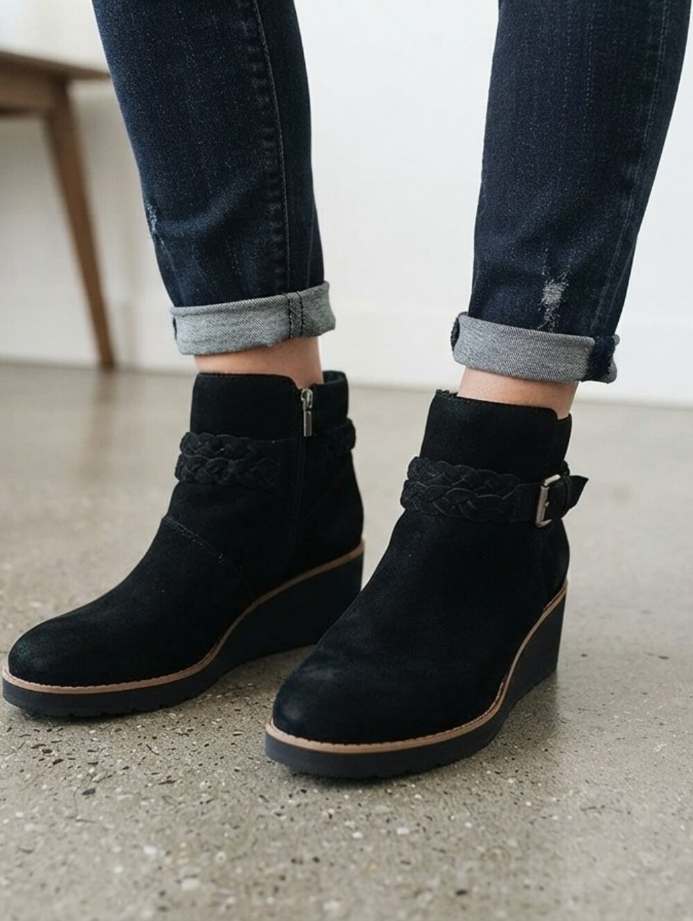 Earth Women's Black Suede Wedge Ankle Booties Side Zip Braided Strap Buckle